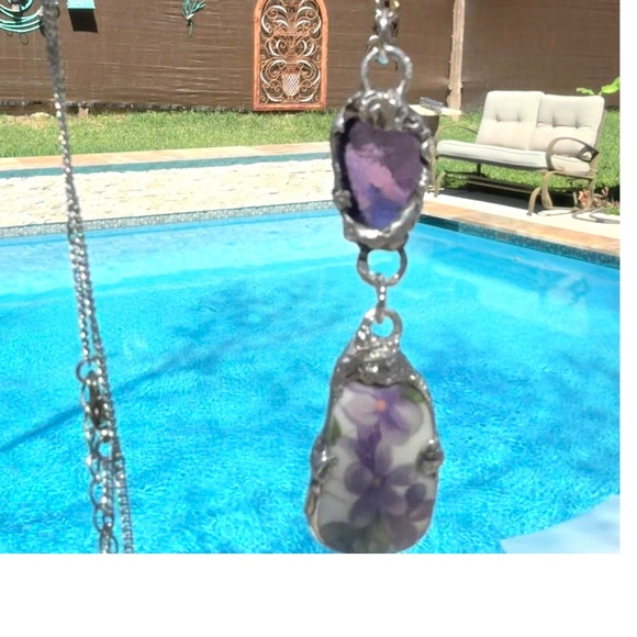 Violets Broken China & Sea Glass Artisan Silver-Blend Metalwork Bezel Pendant - Picture 5 of 16